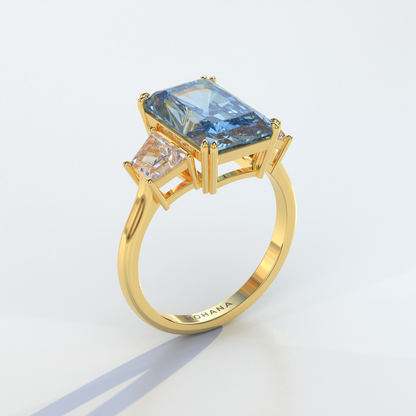4 Carat Blue Radiant & Trapezoid Cut Lab Diamond Three Stone Engagement Ring - Embrace
