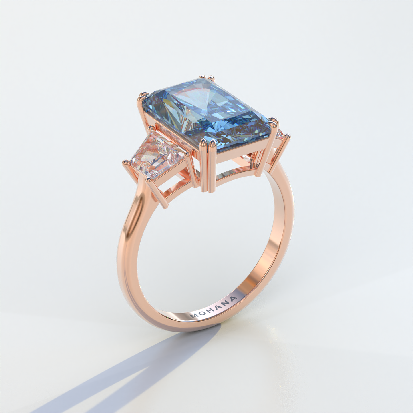 4 Carat Blue Radiant & Trapezoid Cut Lab Diamond Three Stone Engagement Ring - Embrace