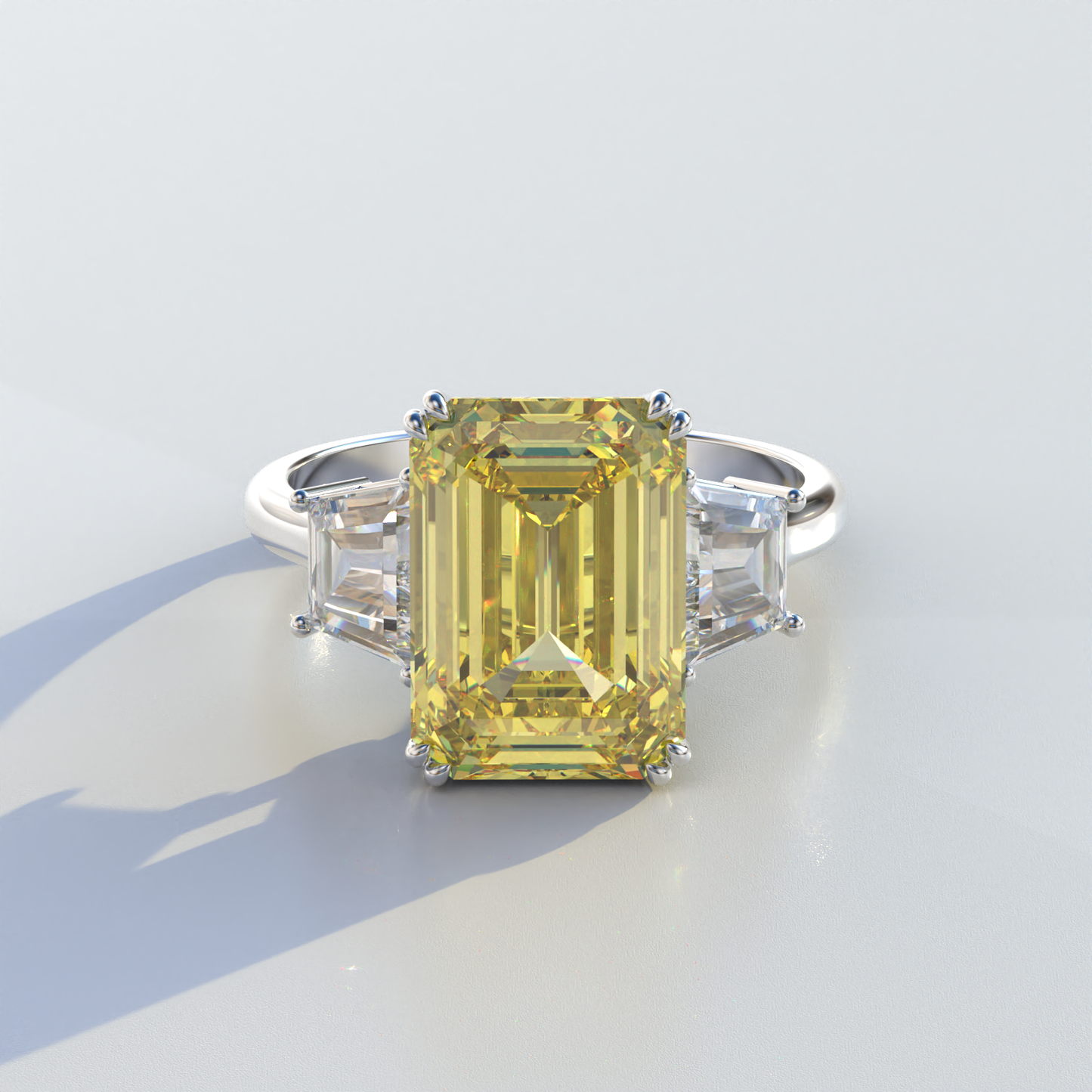 4 Carat Yellow Emerald & Trapezoid Cut Lab Diamond Three Stone Engagement Ring - Marlene