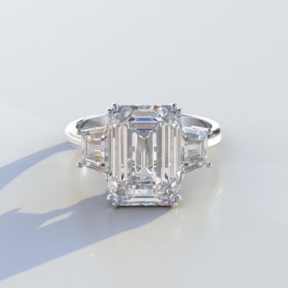 4 Carat Emerald & Trapezoid Cut Lab Diamond Three Stone Engagement Ring - Marlene