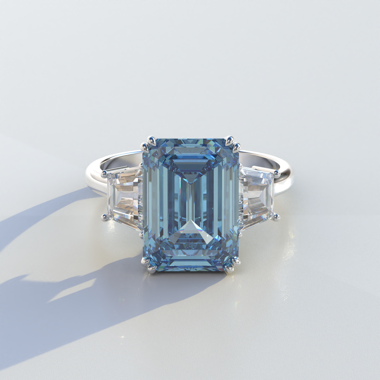4 Carat Blue Emerald & Trapezoid Cut Lab Diamond Three Stone Engagement Ring - Marlene