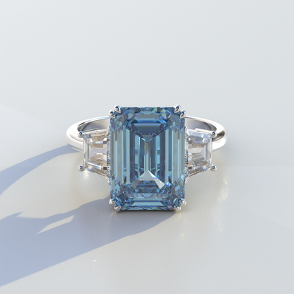 4 Carat Blue Emerald & Trapezoid Cut Lab Diamond Three Stone Engagement Ring - Marlene
