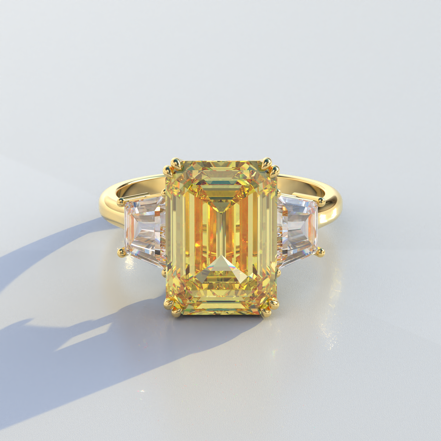 4 Carat Yellow Emerald & Trapezoid Cut Lab Diamond Three Stone Engagement Ring - Marlene