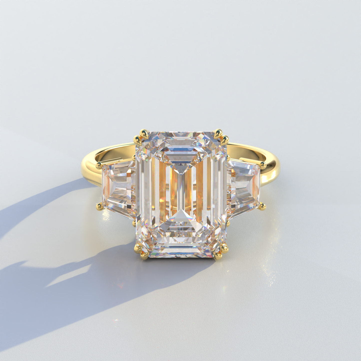 4 Carat Emerald & Trapezoid Cut Lab Diamond Three Stone Engagement Ring - Marlene