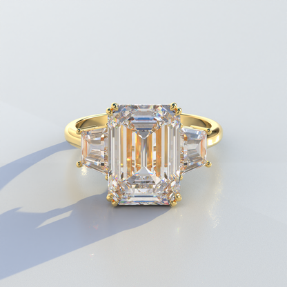 4 Carat Emerald & Trapezoid Cut Lab Diamond Three Stone Engagement Ring - Marlene