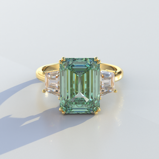 4 Carat Green Emerald & Trapezoid Cut Lab Diamond Three Stone Engagement Ring - Marlene