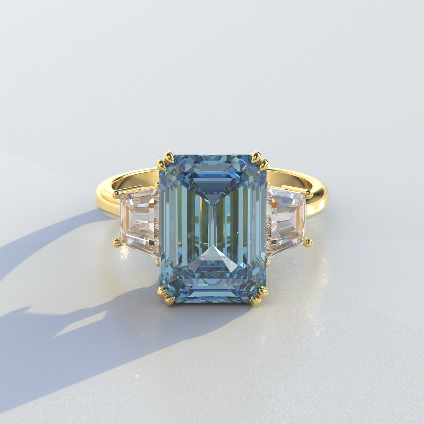 4 Carat Blue Emerald & Trapezoid Cut Lab Diamond Three Stone Engagement Ring - Marlene