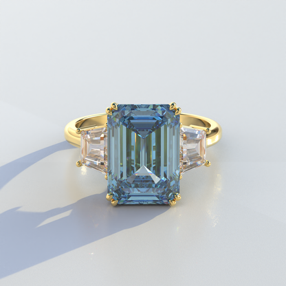 4 Carat Blue Emerald & Trapezoid Cut Lab Diamond Three Stone Engagement Ring - Marlene