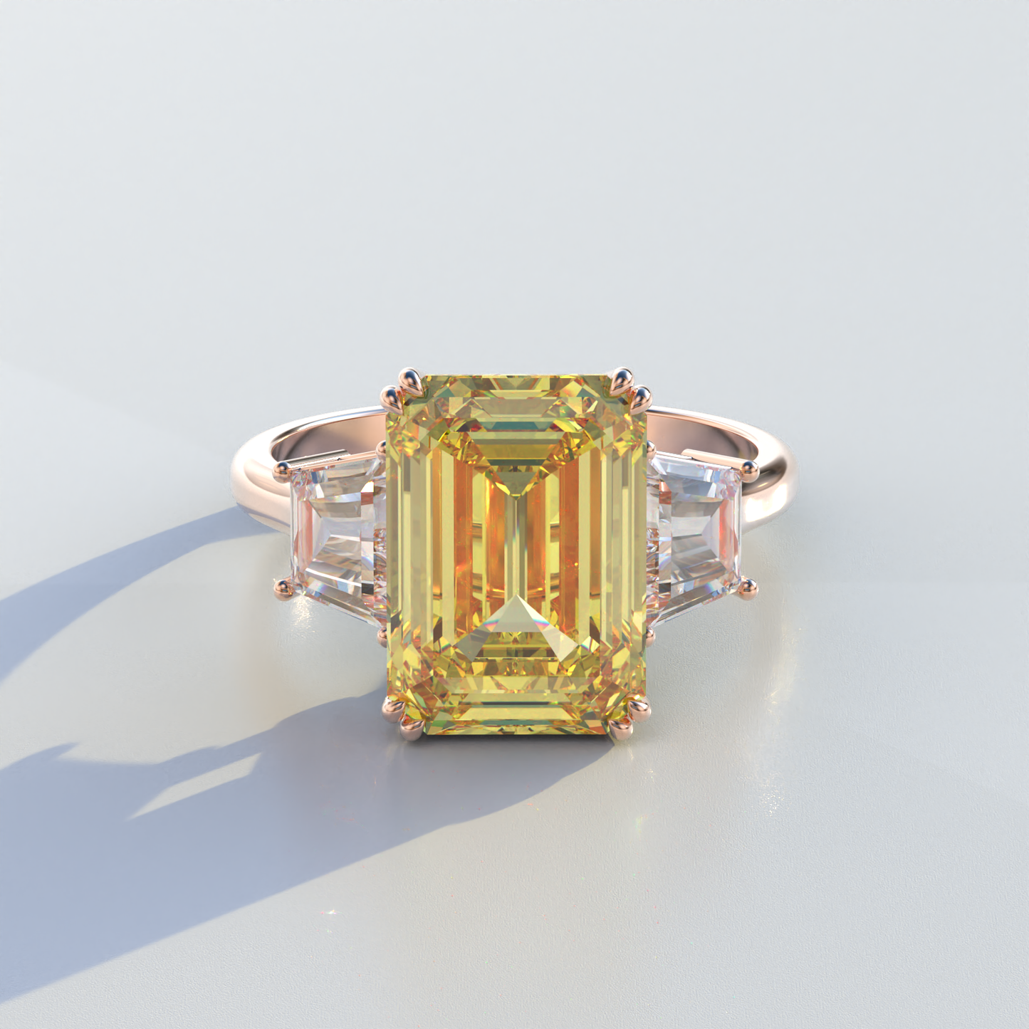 4 Carat Yellow Emerald & Trapezoid Cut Lab Diamond Three Stone Engagement Ring - Marlene