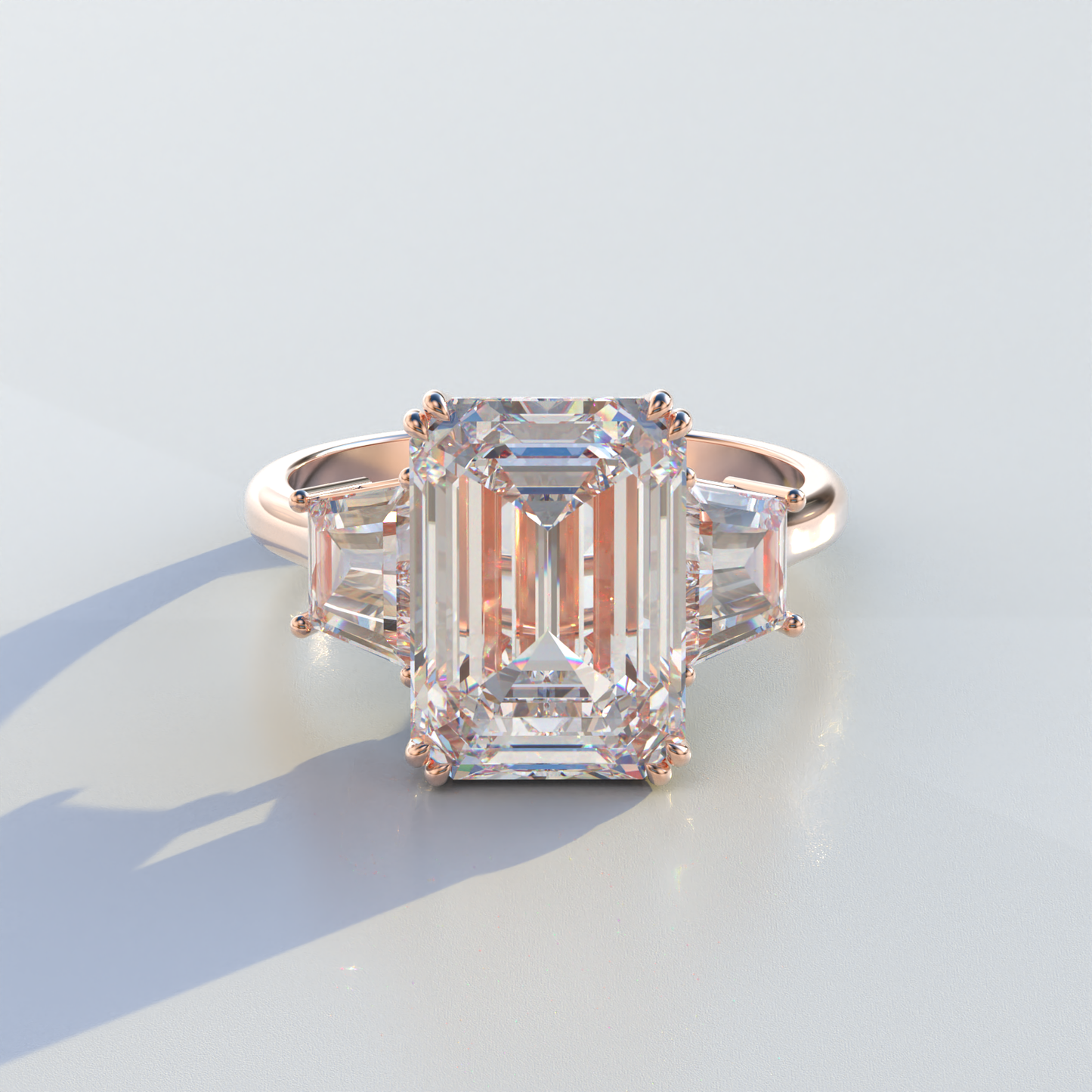 4 Carat Emerald & Trapezoid Cut Lab Diamond Three Stone Engagement Ring - Marlene