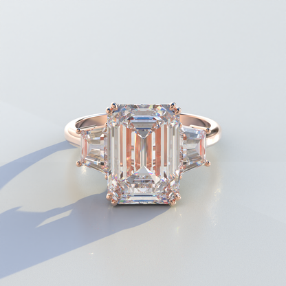 4 Carat Emerald & Trapezoid Cut Lab Diamond Three Stone Engagement Ring - Marlene