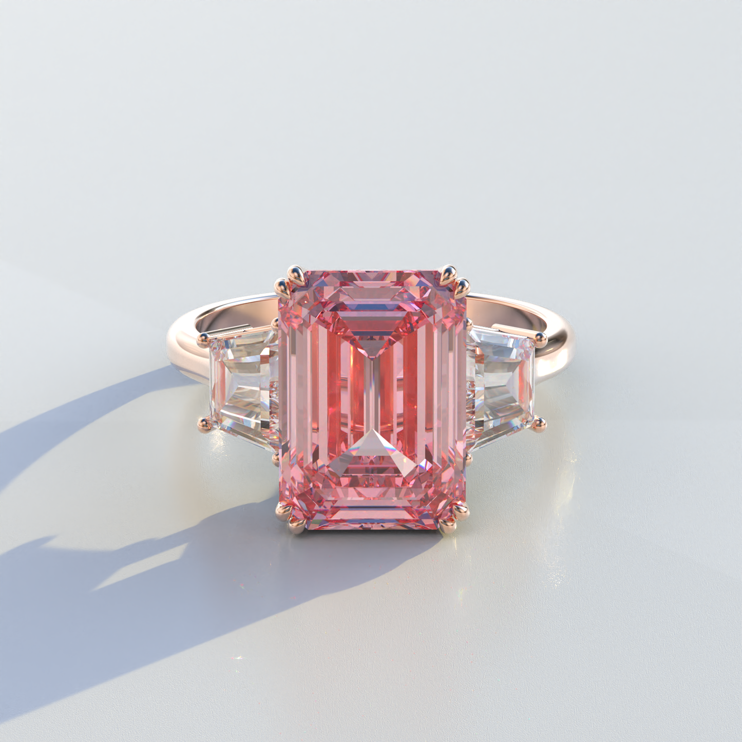 4 Carat Pink Emerald & Trapezoid Cut Lab Diamond Three Stone Engagement Ring - Marlene