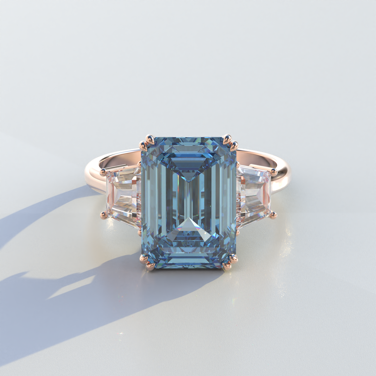 4 Carat Blue Emerald & Trapezoid Cut Lab Diamond Three Stone Engagement Ring - Marlene
