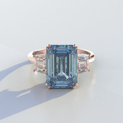 4 Carat Blue Emerald & Trapezoid Cut Lab Diamond Three Stone Engagement Ring - Marlene