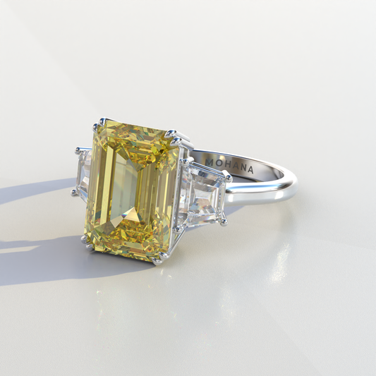 4 Carat Yellow Emerald & Trapezoid Cut Lab Diamond Three Stone Engagement Ring - Marlene