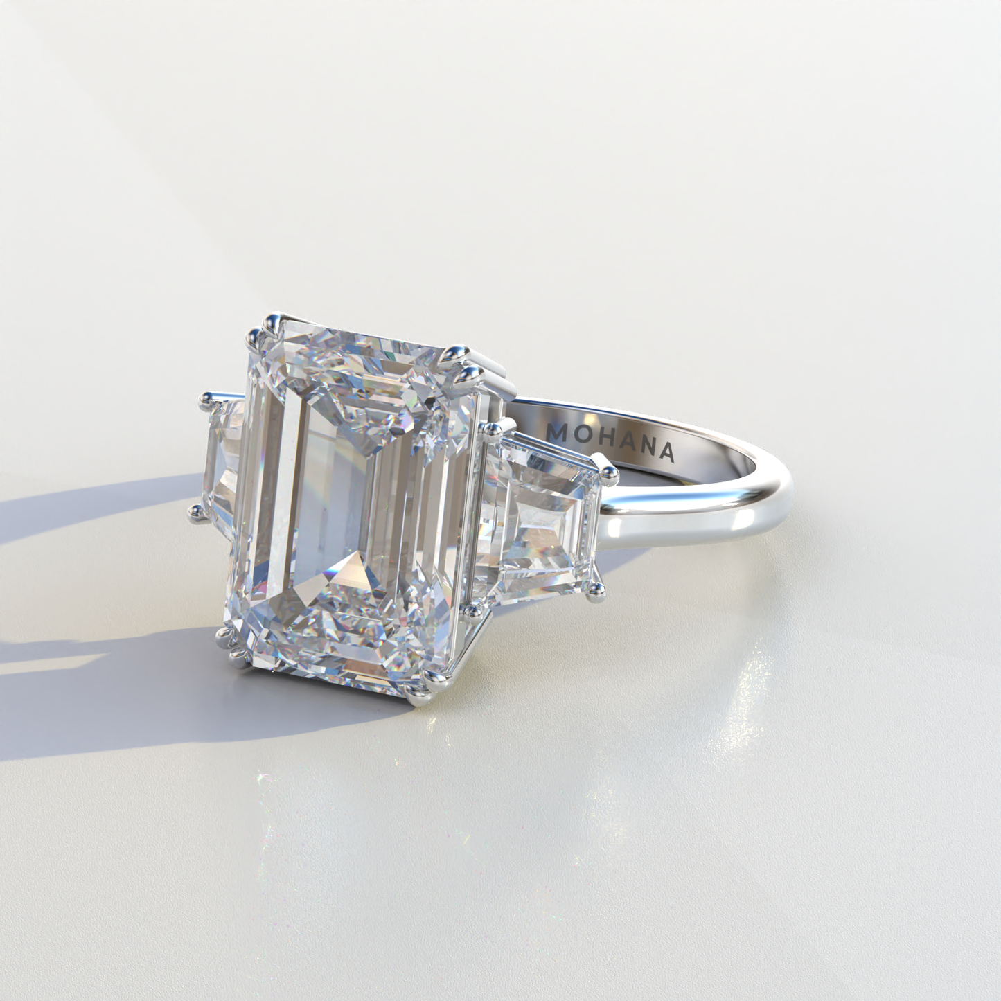 4 Carat Emerald & Trapezoid Cut Lab Diamond Three Stone Engagement Ring - Marlene