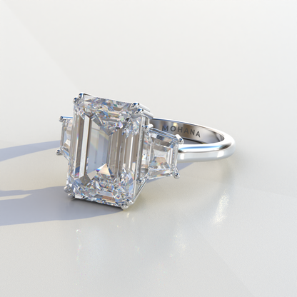 4 Carat Emerald & Trapezoid Cut Lab Diamond Three Stone Engagement Ring - Marlene