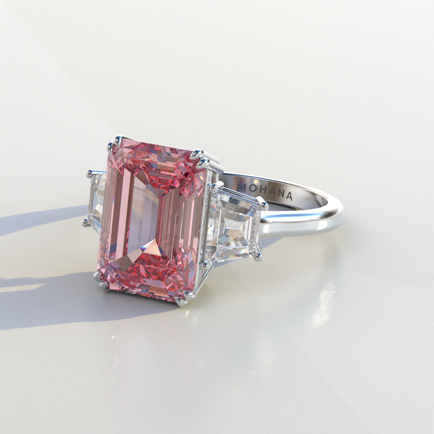 4 Carat Pink Emerald & Trapezoid Cut Lab Diamond Three Stone Engagement Ring - Marlene