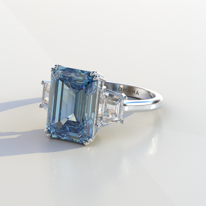 4 Carat Blue Emerald & Trapezoid Cut Lab Diamond Three Stone Engagement Ring - Marlene