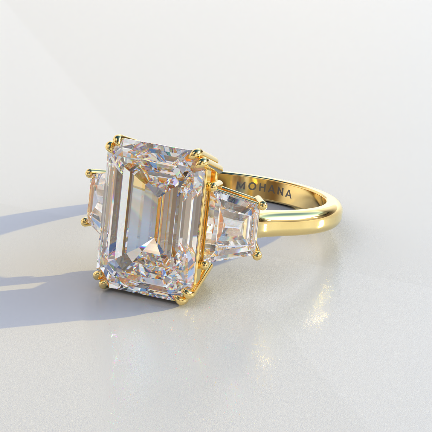 4 Carat Emerald & Trapezoid Cut Lab Diamond Three Stone Engagement Ring - Marlene