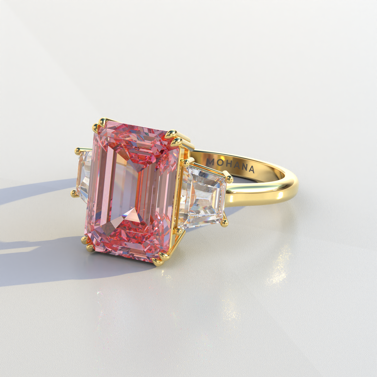 4 Carat Pink Emerald & Trapezoid Cut Lab Diamond Three Stone Engagement Ring - Marlene
