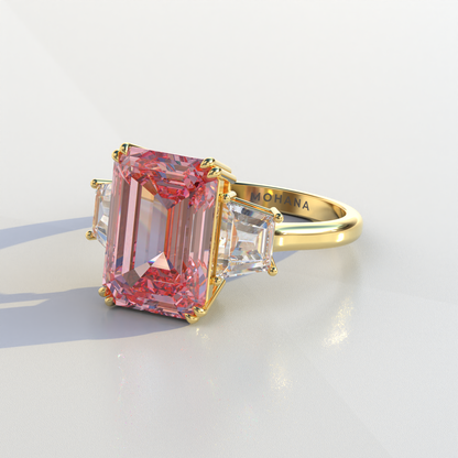 4 Carat Pink Emerald & Trapezoid Cut Lab Diamond Three Stone Engagement Ring - Marlene