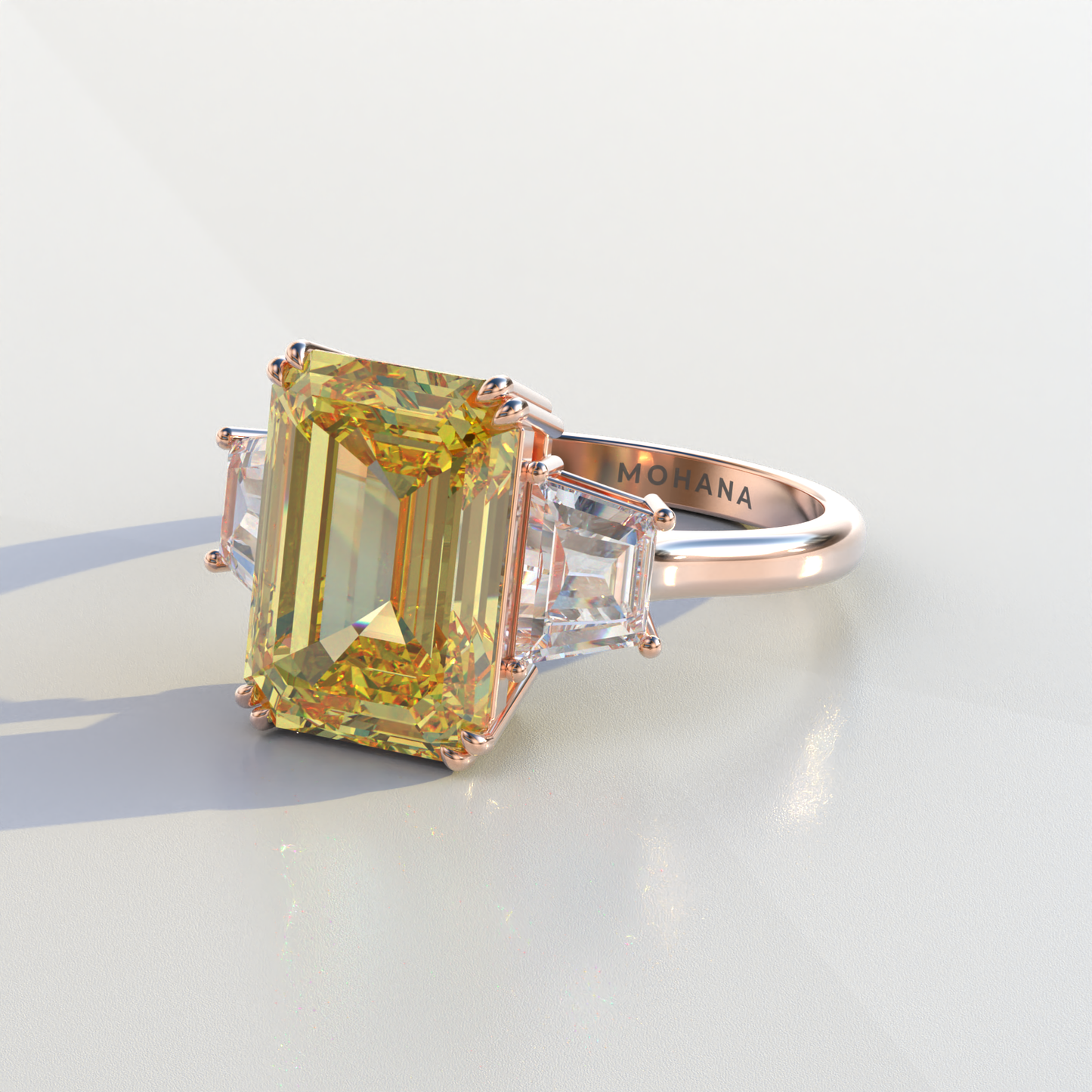 4 Carat Yellow Emerald & Trapezoid Cut Lab Diamond Three Stone Engagement Ring - Marlene