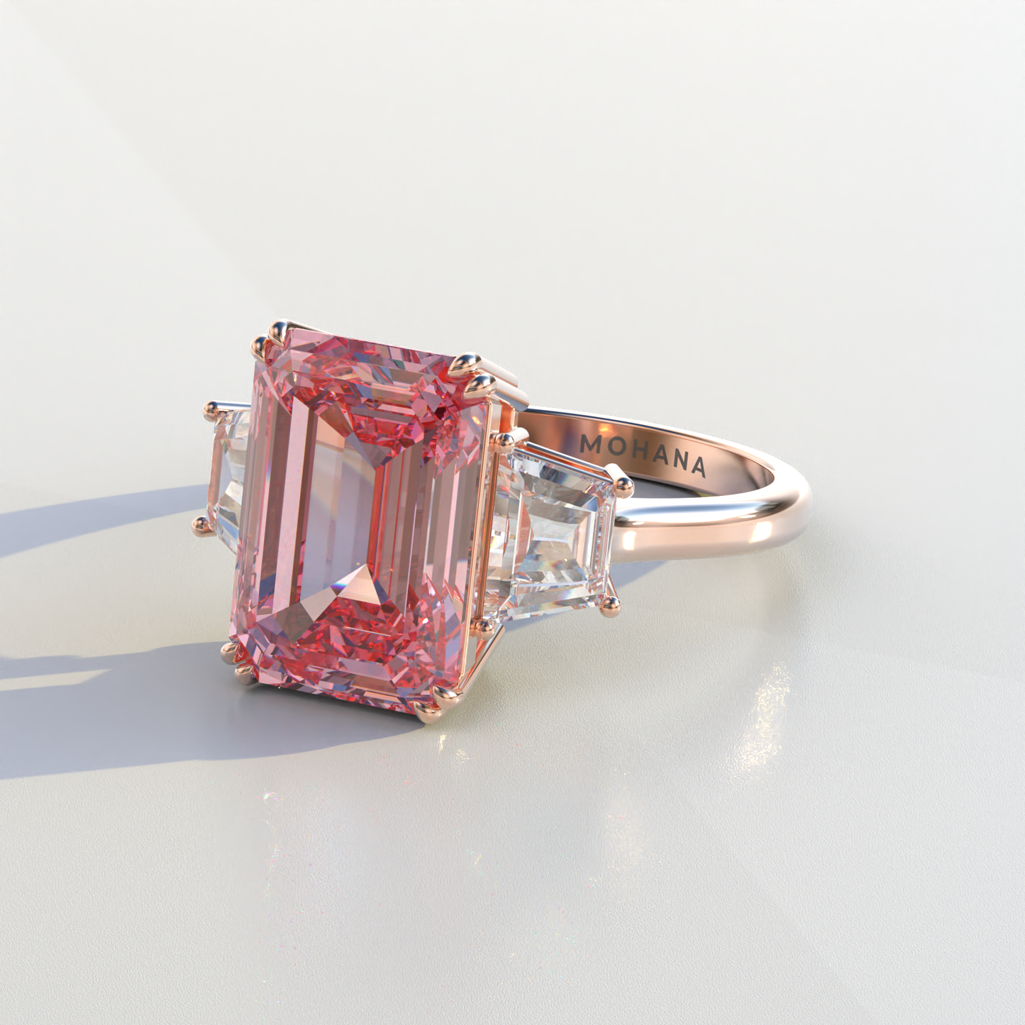 4 Carat Pink Emerald & Trapezoid Cut Lab Diamond Three Stone Engagement Ring - Marlene