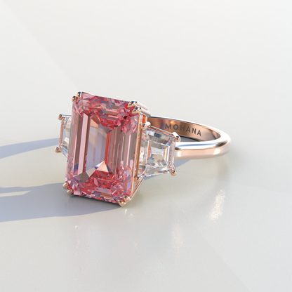 4 Carat Pink Emerald & Trapezoid Cut Lab Diamond Three Stone Engagement Ring - Marlene