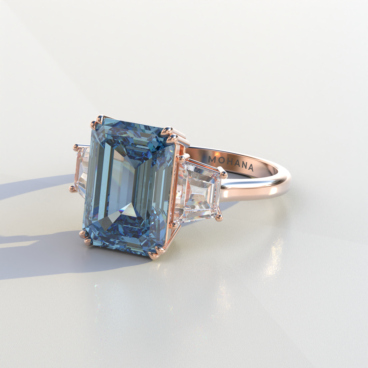 4 Carat Blue Emerald & Trapezoid Cut Lab Diamond Three Stone Engagement Ring - Marlene