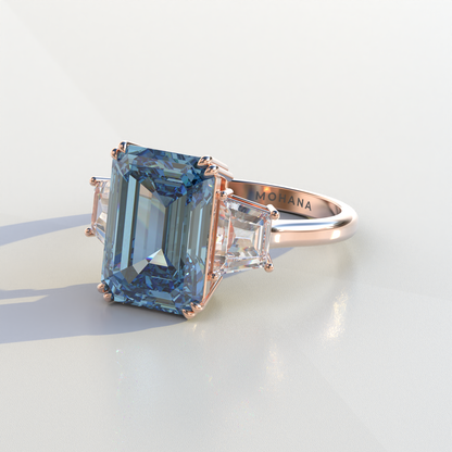 4 Carat Blue Emerald & Trapezoid Cut Lab Diamond Three Stone Engagement Ring - Marlene