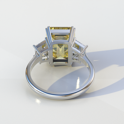 4 Carat Yellow Emerald & Trapezoid Cut Lab Diamond Three Stone Engagement Ring - Marlene