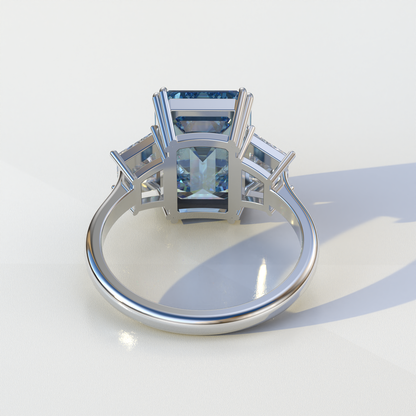 4 Carat Blue Emerald & Trapezoid Cut Lab Diamond Three Stone Engagement Ring - Marlene
