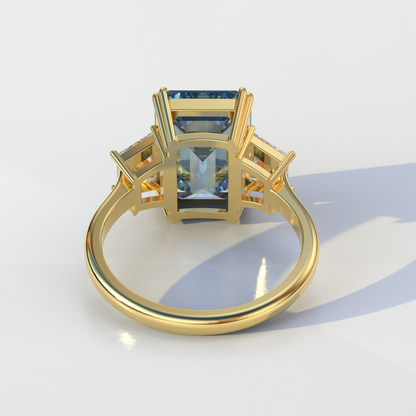 4 Carat Blue Emerald & Trapezoid Cut Lab Diamond Three Stone Engagement Ring - Marlene