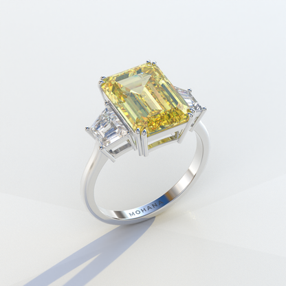 4 Carat Yellow Emerald & Trapezoid Cut Lab Diamond Three Stone Engagement Ring - Marlene