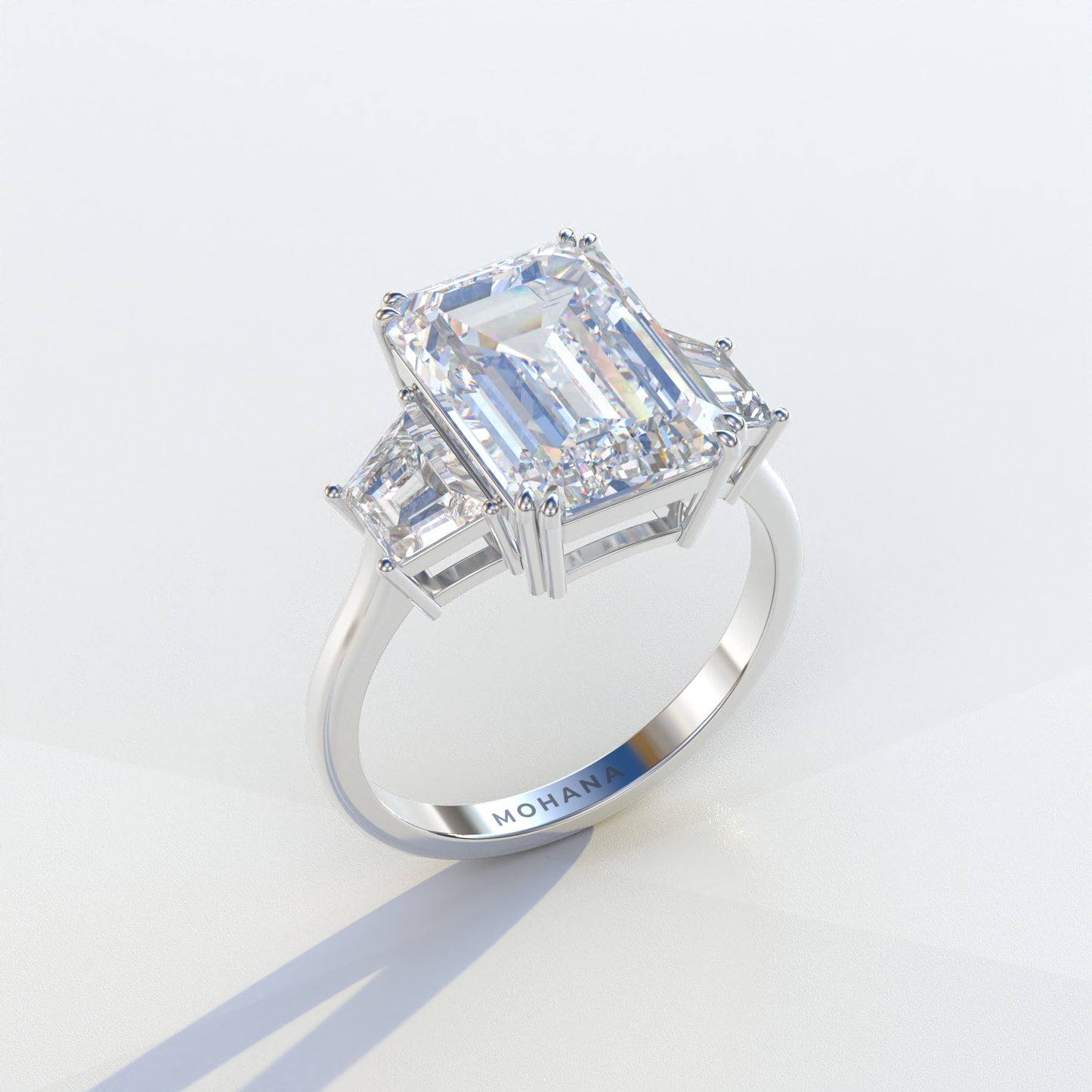 4 Carat Emerald & Trapezoid Cut Lab Diamond Three Stone Engagement Ring - Marlene