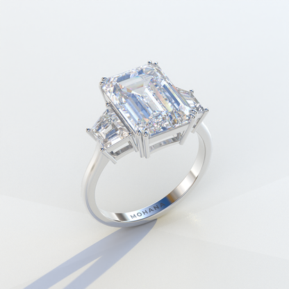 4 Carat Emerald & Trapezoid Cut Lab Diamond Three Stone Engagement Ring - Marlene
