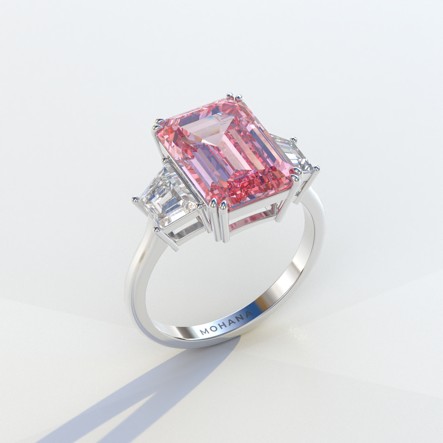 4 Carat Pink Emerald & Trapezoid Cut Lab Diamond Three Stone Engagement Ring - Marlene