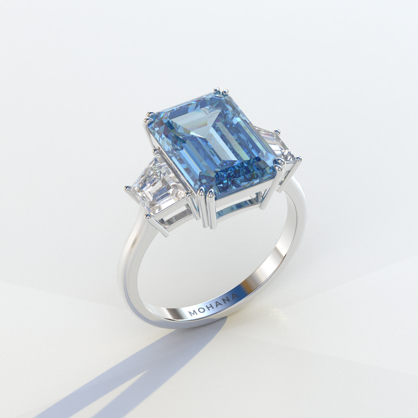 4 Carat Blue Emerald & Trapezoid Cut Lab Diamond Three Stone Engagement Ring - Marlene