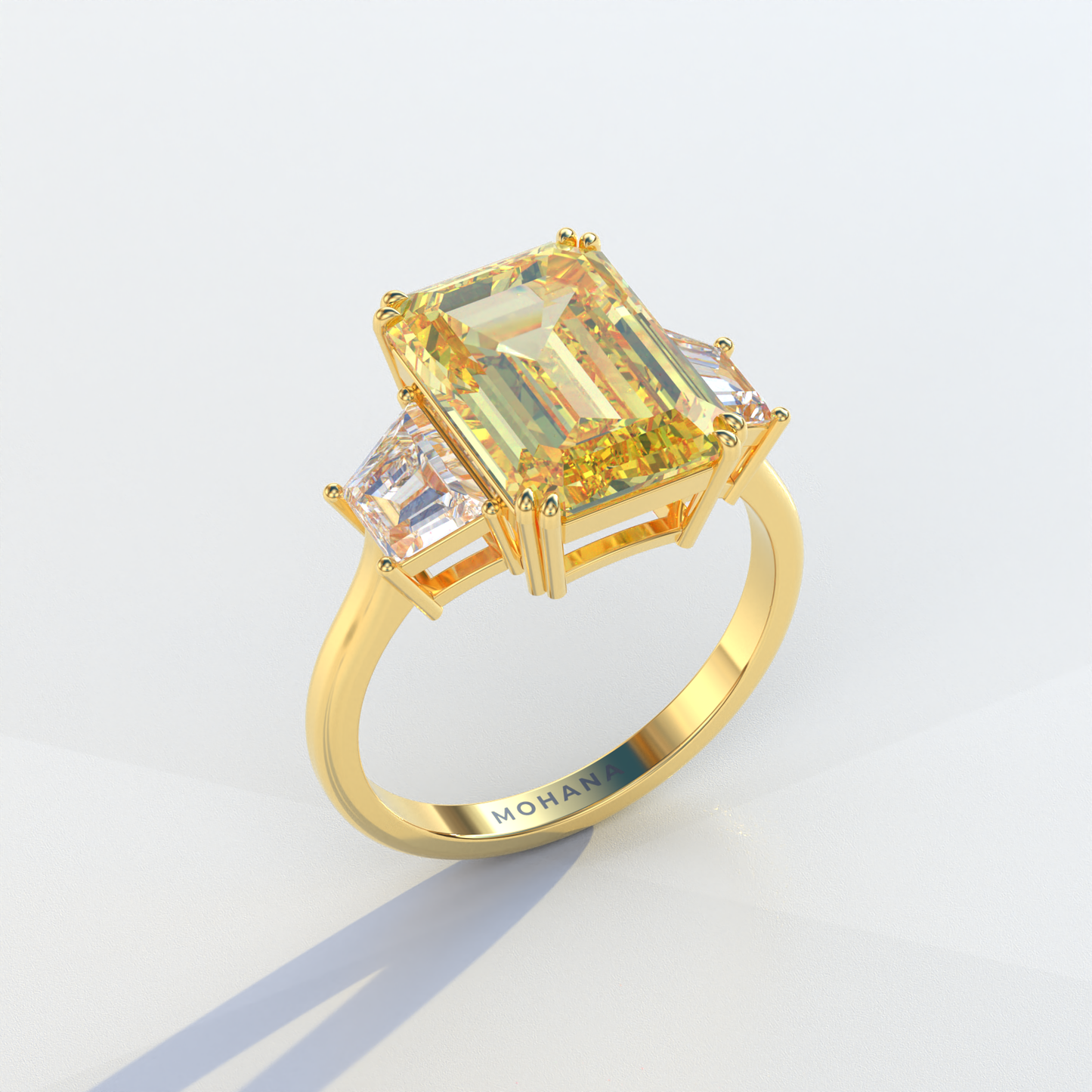 4 Carat Yellow Emerald & Trapezoid Cut Lab Diamond Three Stone Engagement Ring - Marlene