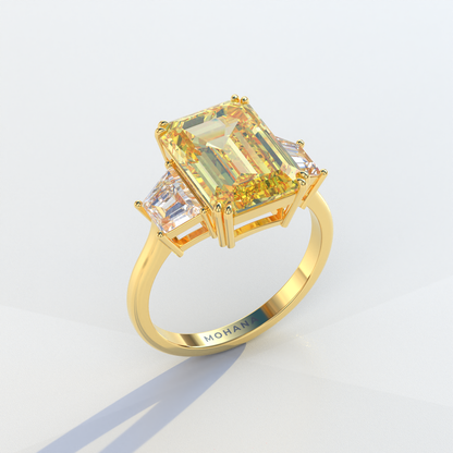 4 Carat Yellow Emerald & Trapezoid Cut Lab Diamond Three Stone Engagement Ring - Marlene