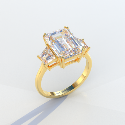 4 Carat Emerald & Trapezoid Cut Lab Diamond Three Stone Engagement Ring - Marlene