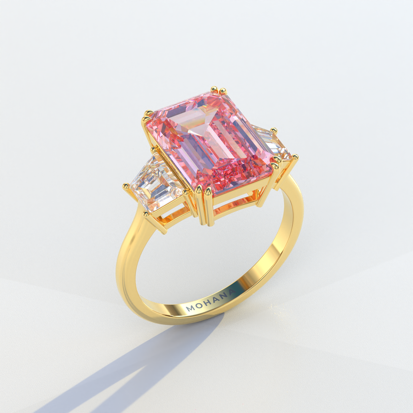 4 Carat Pink Emerald & Trapezoid Cut Lab Diamond Three Stone Engagement Ring - Marlene