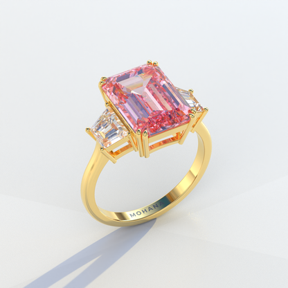 4 Carat Pink Emerald & Trapezoid Cut Lab Diamond Three Stone Engagement Ring - Marlene