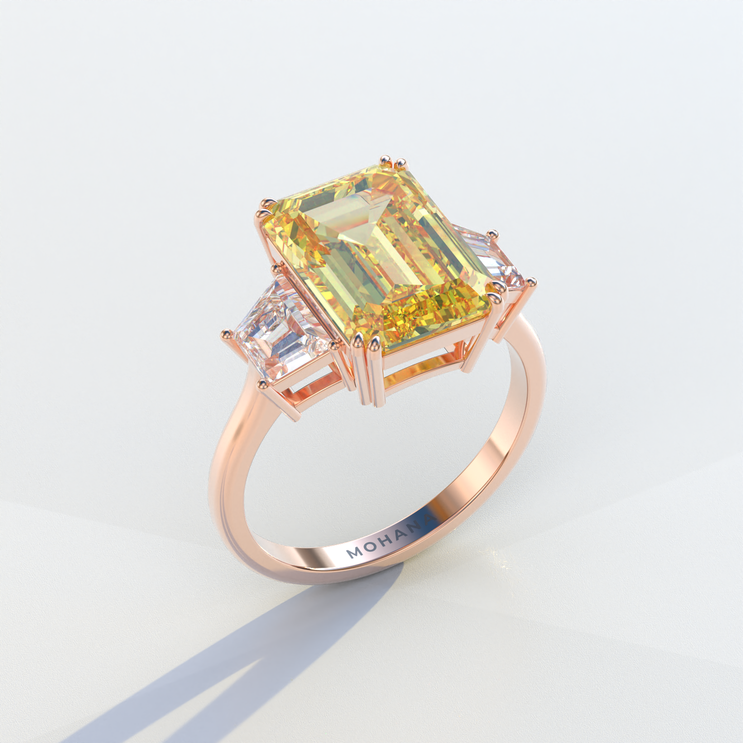 4 Carat Yellow Emerald & Trapezoid Cut Lab Diamond Three Stone Engagement Ring - Marlene