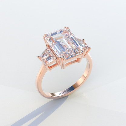 4 Carat Emerald & Trapezoid Cut Lab Diamond Three Stone Engagement Ring - Marlene