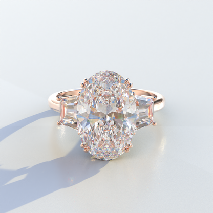 Three Stone 4 carat E VVS Elongated oval Cut Lab Diamond Engagement Ring - Lucy