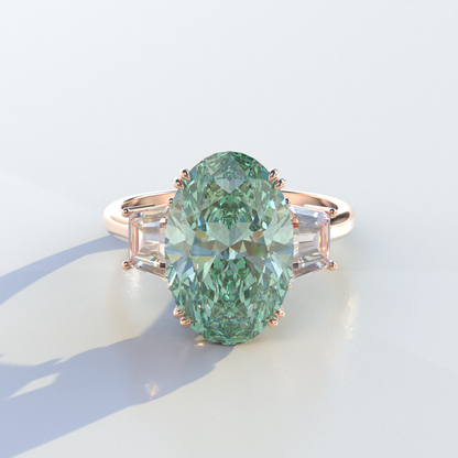 Three Stone 4 carat Green Oval Cut Lab Diamond Engagement Ring - Lucy