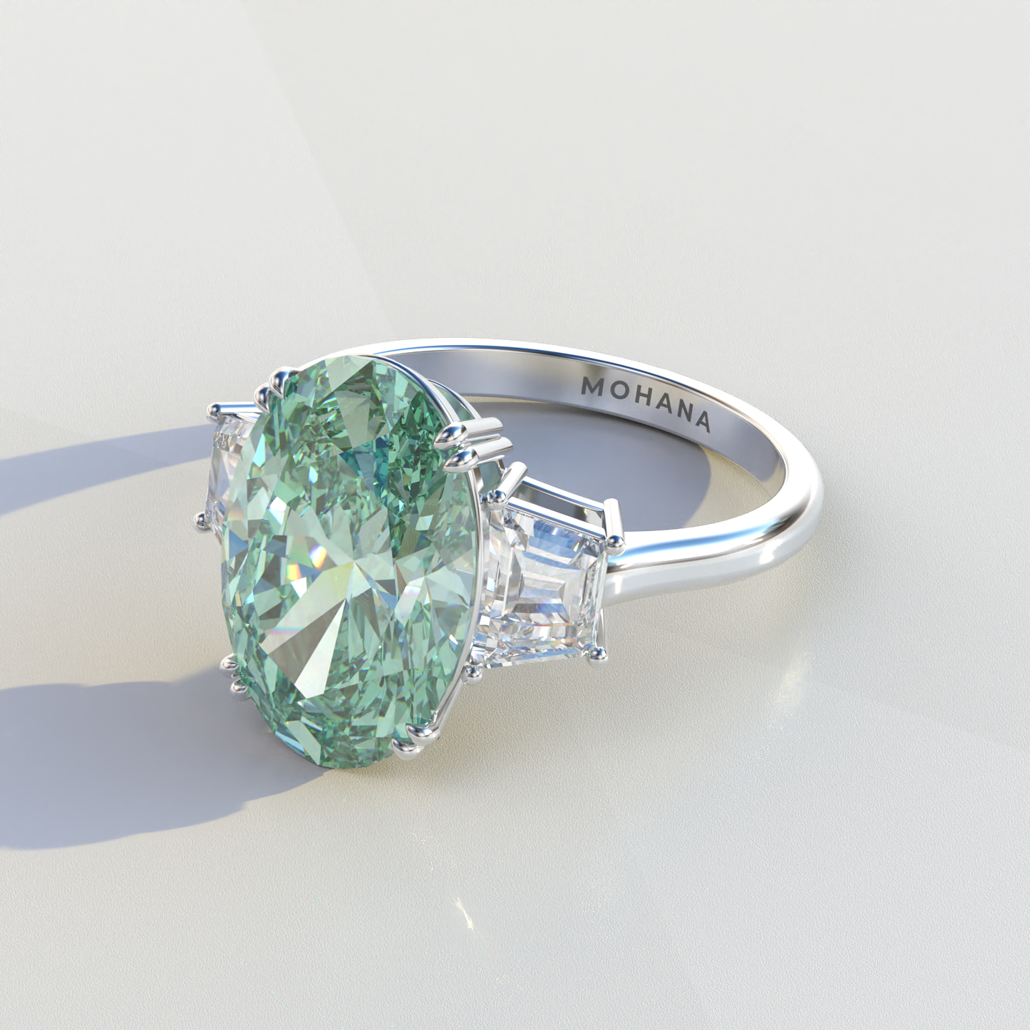 Three Stone 4 carat Green Oval Cut Lab Diamond Engagement Ring - Lucy
