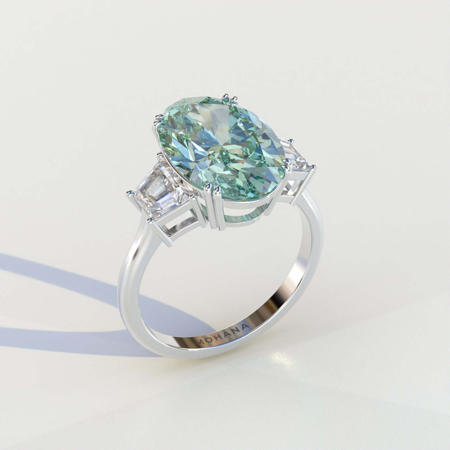 Three Stone 4 carat Green Oval Cut Lab Diamond Engagement Ring - Lucy